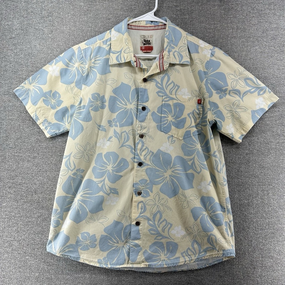 Toes on The Nose Hawaiian Shirt Men Size Small Beige Blue Floral Short Sleeve
